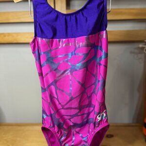 GK Elite Girls Gymnastics Leotard – Purple & Pink Abstract Print